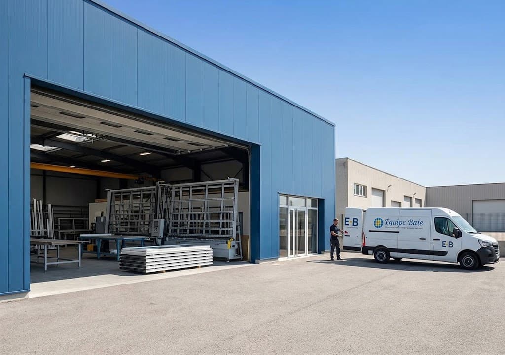 Façade de l'atelier Équipe Baie, porte ouverte sur la ligne de fabrication, camion de livraison devant