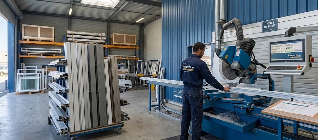Mise à longueur d'un profilé aluminium sur la tronçonneuse de l'atelier