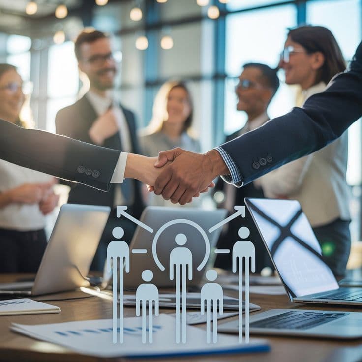 Poignée de main entre professionnels autour d'une table de travail