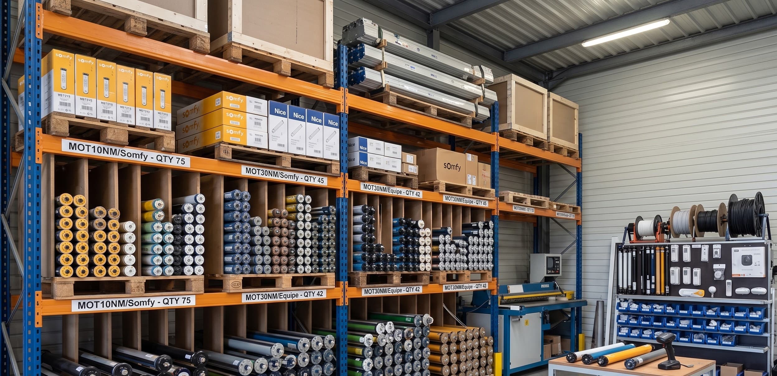 Rayonnage du stock de moteurs Somfy, Gaposa et EBOK