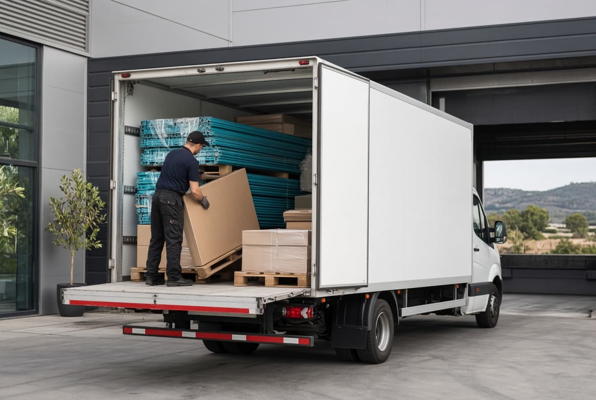 Chargement de fermetures sur mesure dans le camion, devant l'atelier Équipe Baie